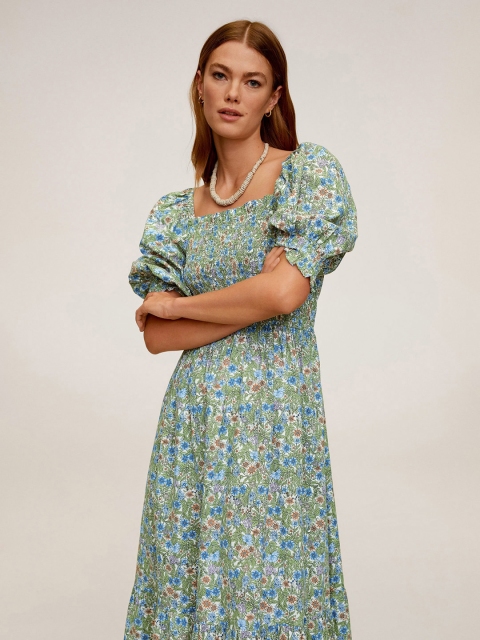 

MANGO Women Green & Blue Floral Printed Smocked Fit and Flare Dress