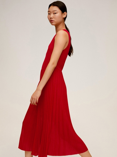 

MANGO Women Red Solid Accordion Pleated Fit and Flare Dress