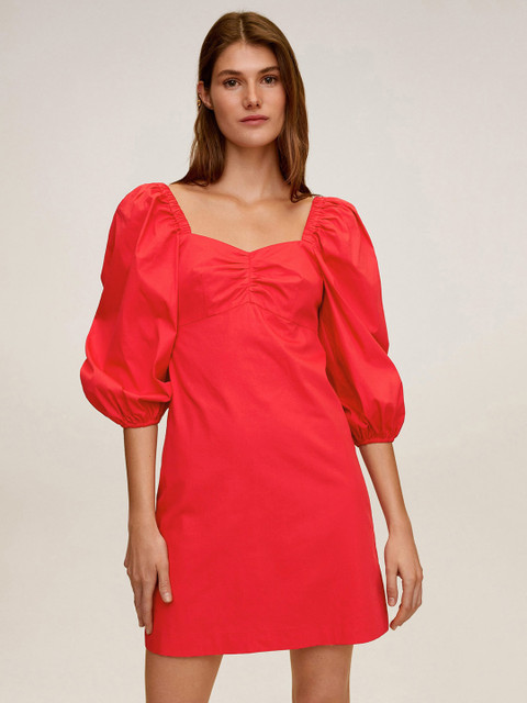 

MANGO Women Red Solid Gathered Puffed Sleeves Sheath Dress