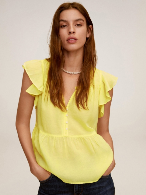 

MANGO Women Yellow Solid Flutter Sleeve Top