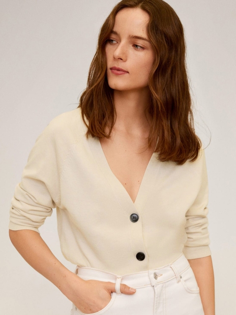 

MANGO Women Beige Solid Cardigan Crop Sweater