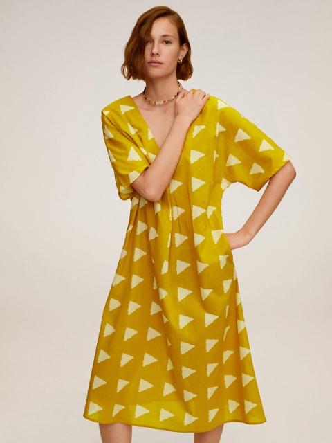 

MANGO Women Mustard Yellow Printed A-Line Dress