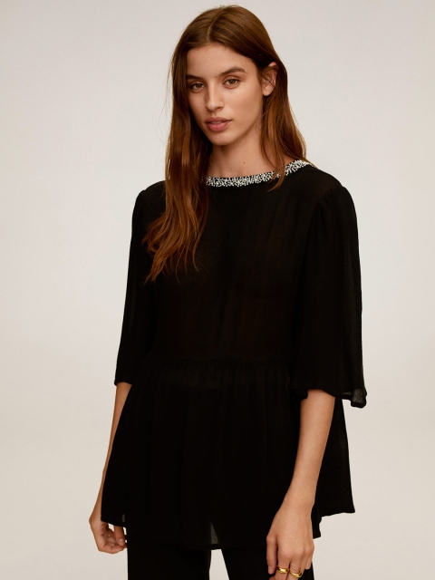 

MANGO Women Black Solid Boxy Jewel Neck Top
