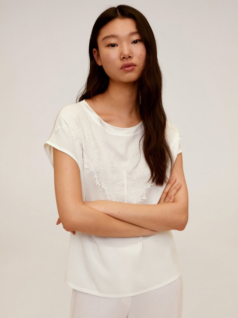 

MANGO Women Off-White Self Design Round Neck T-shirt
