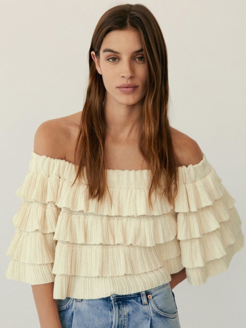 

MANGO Women Off-White Solid Layered Knitted Off Shoulder Top