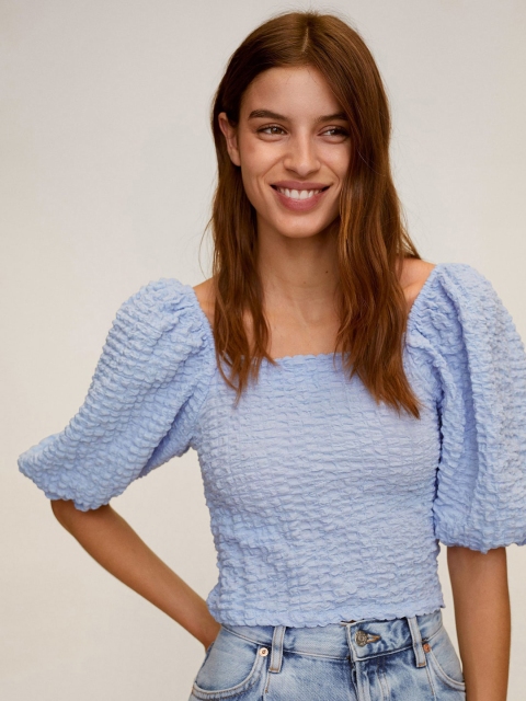 

MANGO Women Blue Self Design Puff Sleeved Fitted Top