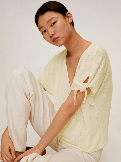 

MANGO Women Off-White Solid Boxy Top with Tie-Ups