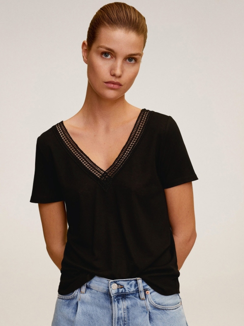

MANGO Women Black Solid Top with Lace Inserts