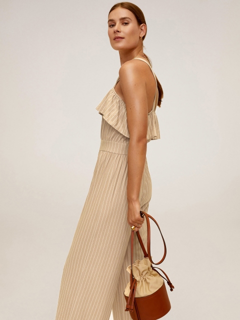 

MANGO Women Beige & White Striped Culotte Jumpsuit with Ruffles