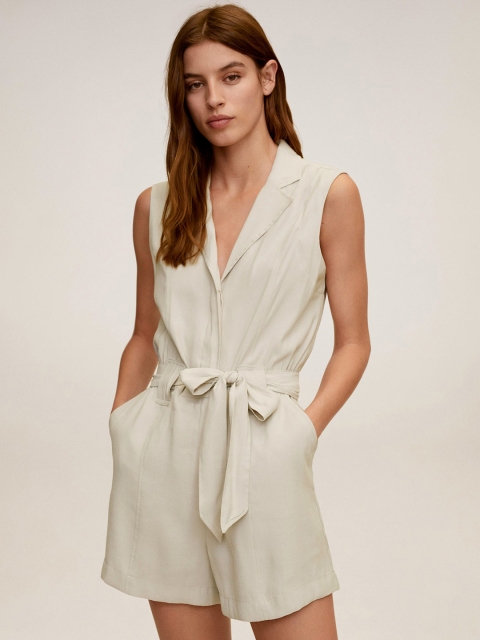 

MANGO Women White Solid Cuban Collar Playsuit with Waist Tie-Ups