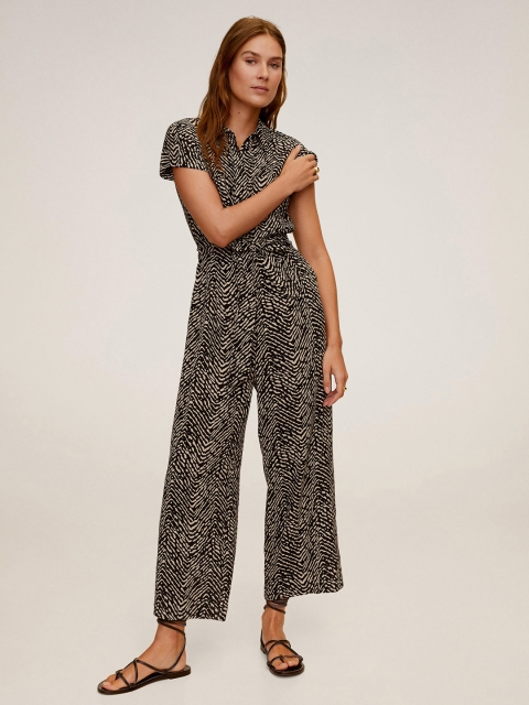 

MANGO Women Black & Beige Printed Basic Jumpsuit with Waist Tie-Ups
