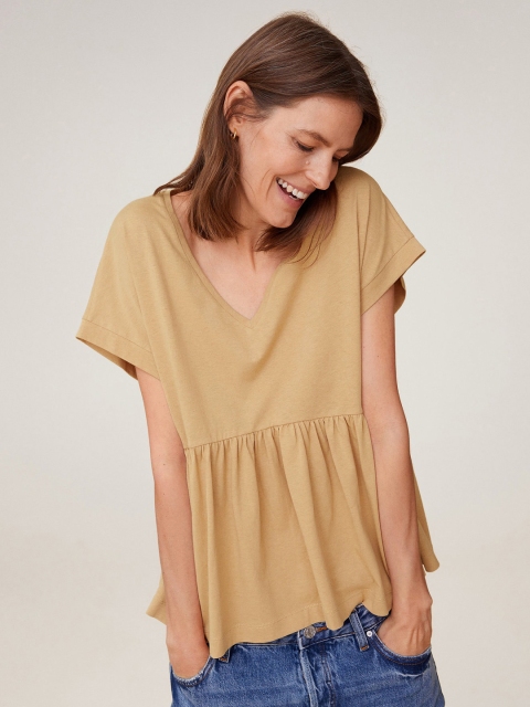 

MANGO Women Beige Solid Peplum Style Top with Gathers