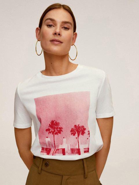 

MANGO Women White Printed Round Neck T-shirt
