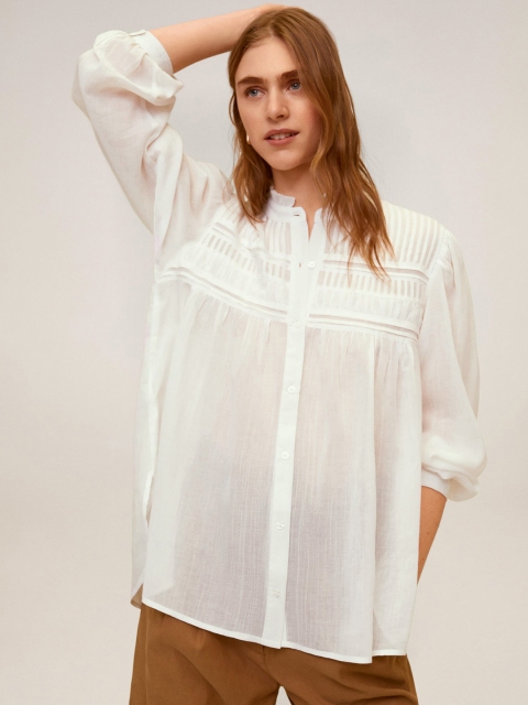 

MANGO Women White Self Design Ruffle Collar Pure Cotton Top