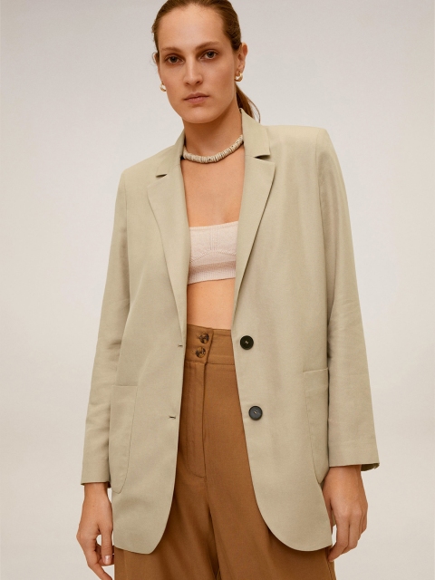 

MANGO Women Beige Solid Regular Fit Single-Breasted Casual Blazer