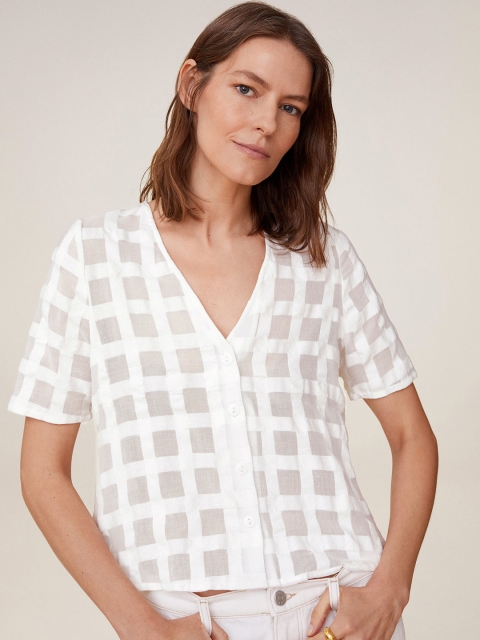 

MANGO Women White Checked Semi Sheer Pure Cotton Top