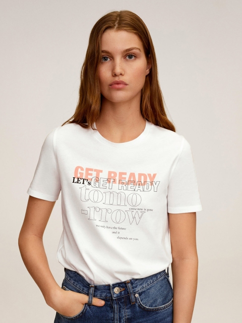 

MANGO Women White Printed Round Neck T-shirt