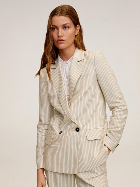 

MANGO Woman Beige & White Striped Double Breasted Casual Blazer