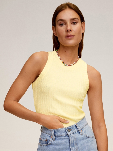 

MANGO Women Yellow Self Striped Knitted Fitted Top