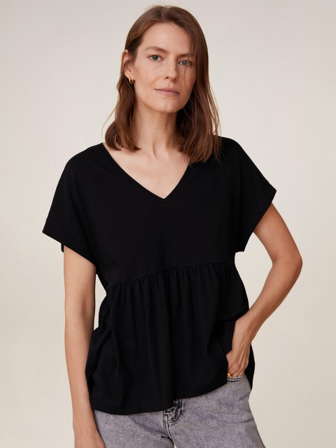 

MANGO Women Black Solid Pleated V-Neck Pure Cotton Top