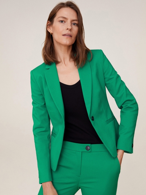 

MANGO Women Green Solid Regular Fit Single-Breasted Casual Blazer