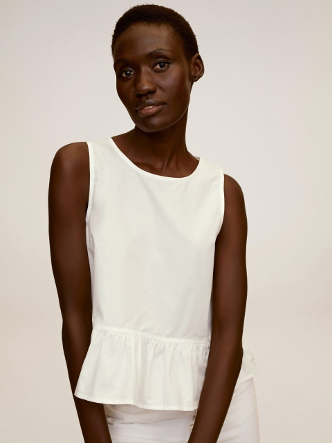 

MANGO Women White Solid Cinched Waist Pure Cotton Top
