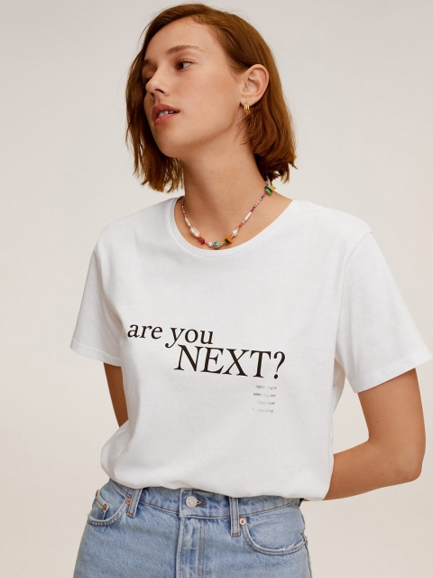

MANGO Women White Printed Round Neck T-shirt