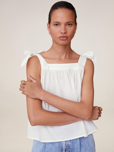 

MANGO Women White Solid A-Line Pure Cotton Top with Tie-Up Straps