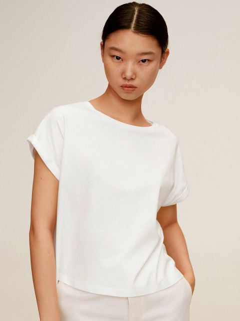 

MANGO Women White Solid Round Neck T-shirt