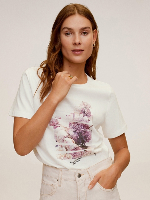 

MANGO Women White Purple Organic Cotton Printed Round Neck Organic Cotton T-shirt