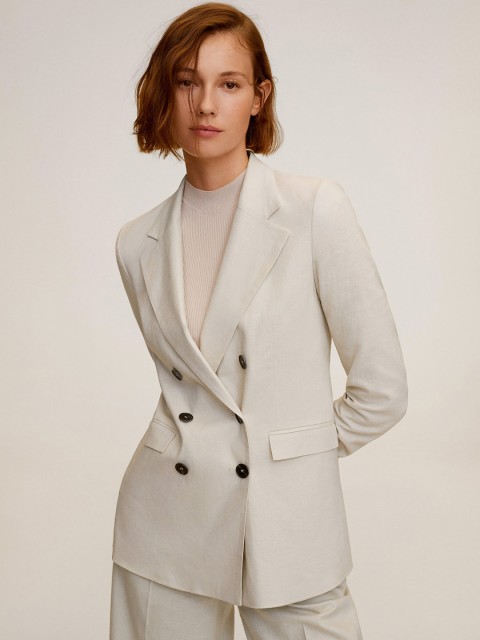 

MANGO Women Off-White Solid Double-Breasted Casual Blazer