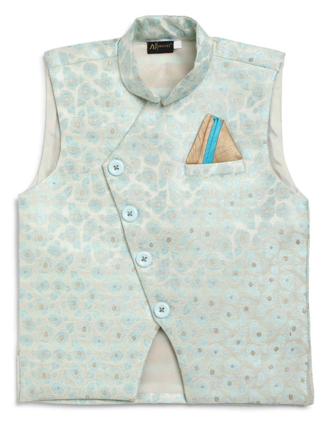 Boys Green And Beige Woven Design Waistcoat