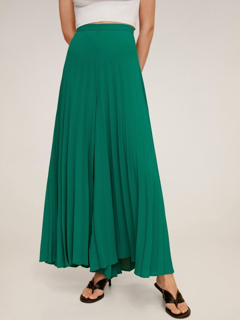 

MANGO Women Green Solid Wide Leg Accordian Pleated Palazzos