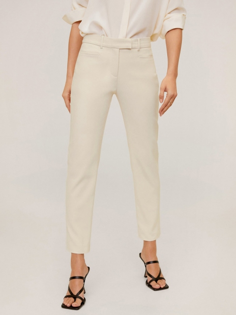 

MANGO Women Cream Regular Fit Solid Cropped Cigarette Trousers