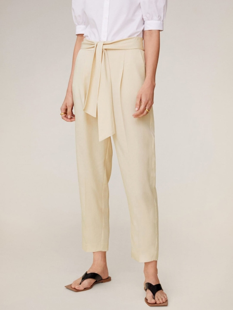

MANGO Women Beige Regular Fit Solid Cropped Peg Trousers