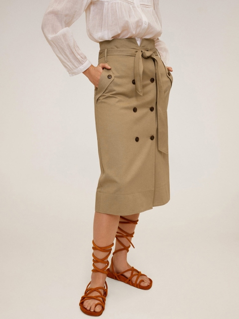 

MANGO Women Khaki Solid Straight Skirt with Button Detailing