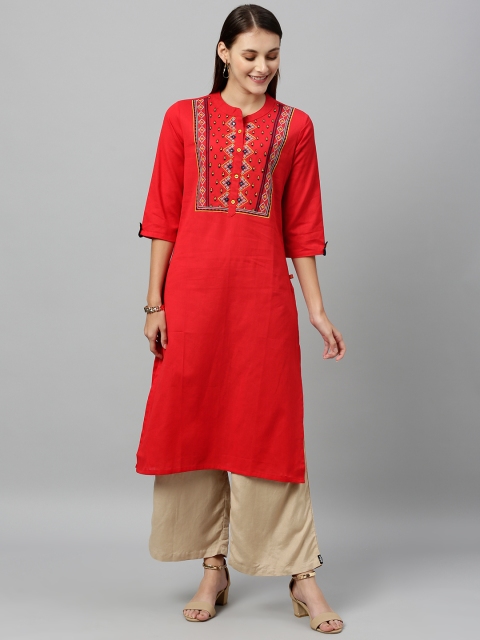 

Alena Women Red Embroidered Straight Kurta