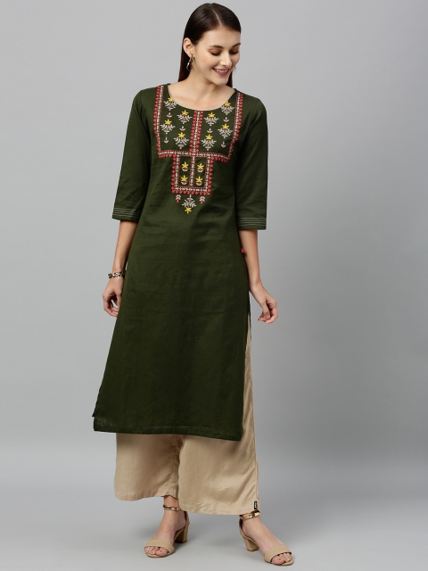 

Alena Women Green Embroidered Straight Kurta