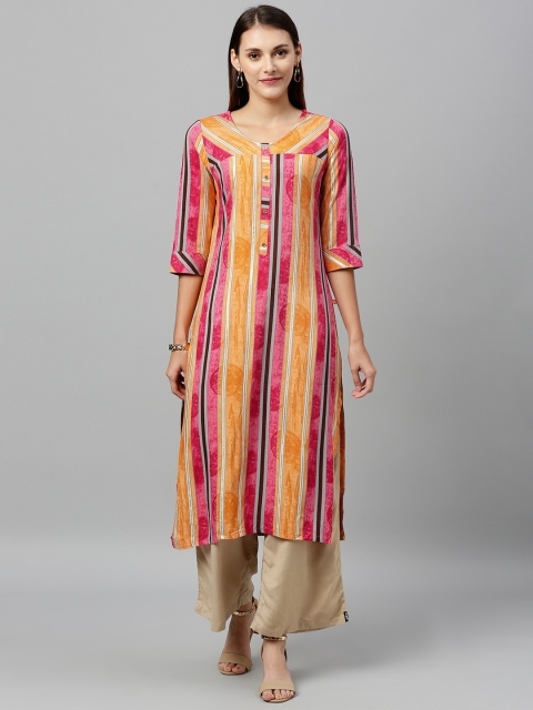 

Alena Women Fuchsia Pink & Rust Orange Striped Straight Kurta