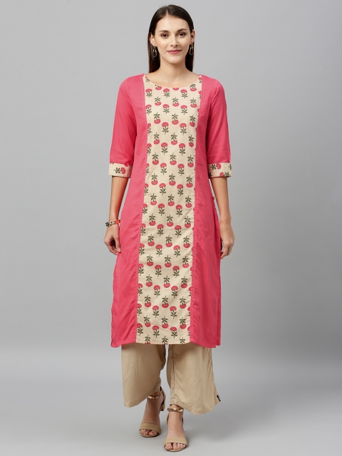 

Alena Women Coral Pink & Cream-Coloured Printed Panelled Straight Kurta