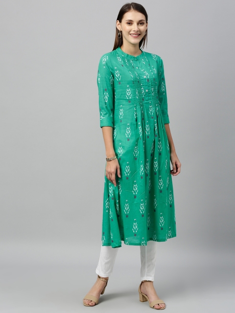 

Alena Women Teal Green & White Printed A-Line Kurta with Pleats