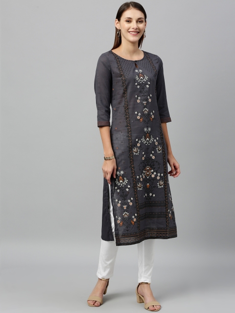 

Alena Women Charcoal Grey Printed Straight Kurta