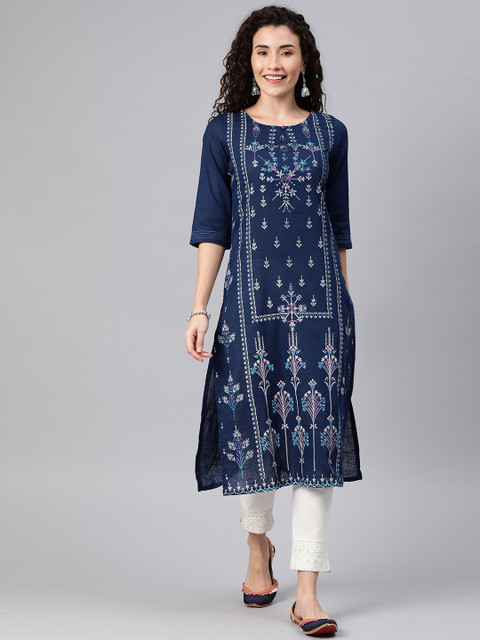 

Alena Women Navy Blue & White Printed Straight Kurta