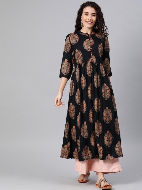 

Alena Women Black & Gold-Toned Ethnic Printed A-Line Kurta