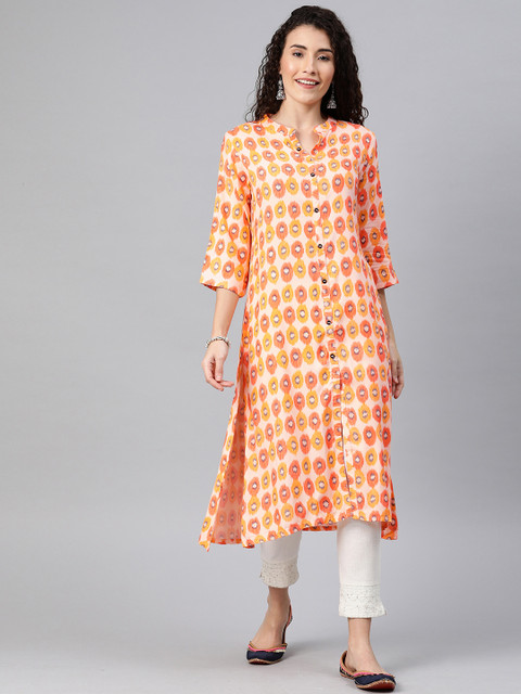 

Alena Women Mustard Yellow & Red Printed Straight Kurta