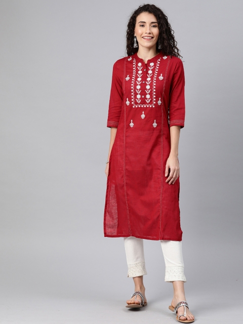 

Alena Women Red & White Yoke Embroidered Straight Kurta