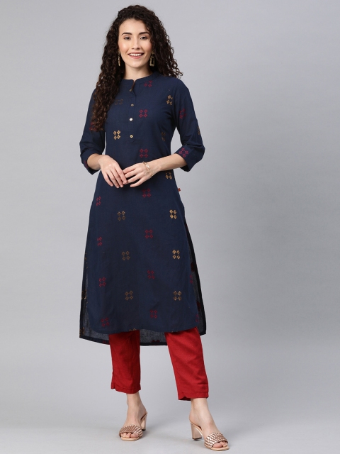 

Alena Women Navy Blue & Red Woven Design A-Line Kurta