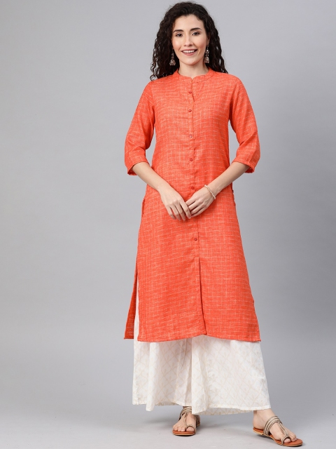 

Alena Women Orange & Yellow Self-Checked Straight Kurta