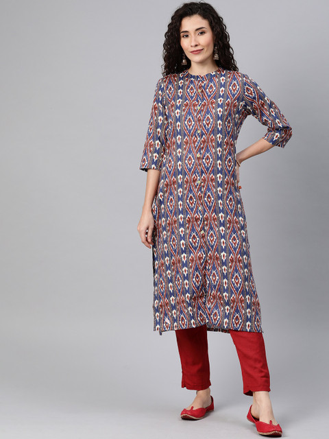 

Alena Women Navy Blue & Brown Ethnic Printed Straight Kurta