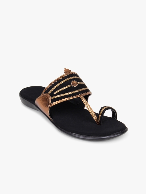 

Bloomtale Women Black & Gold-Toned Woven Design One Toe Flats